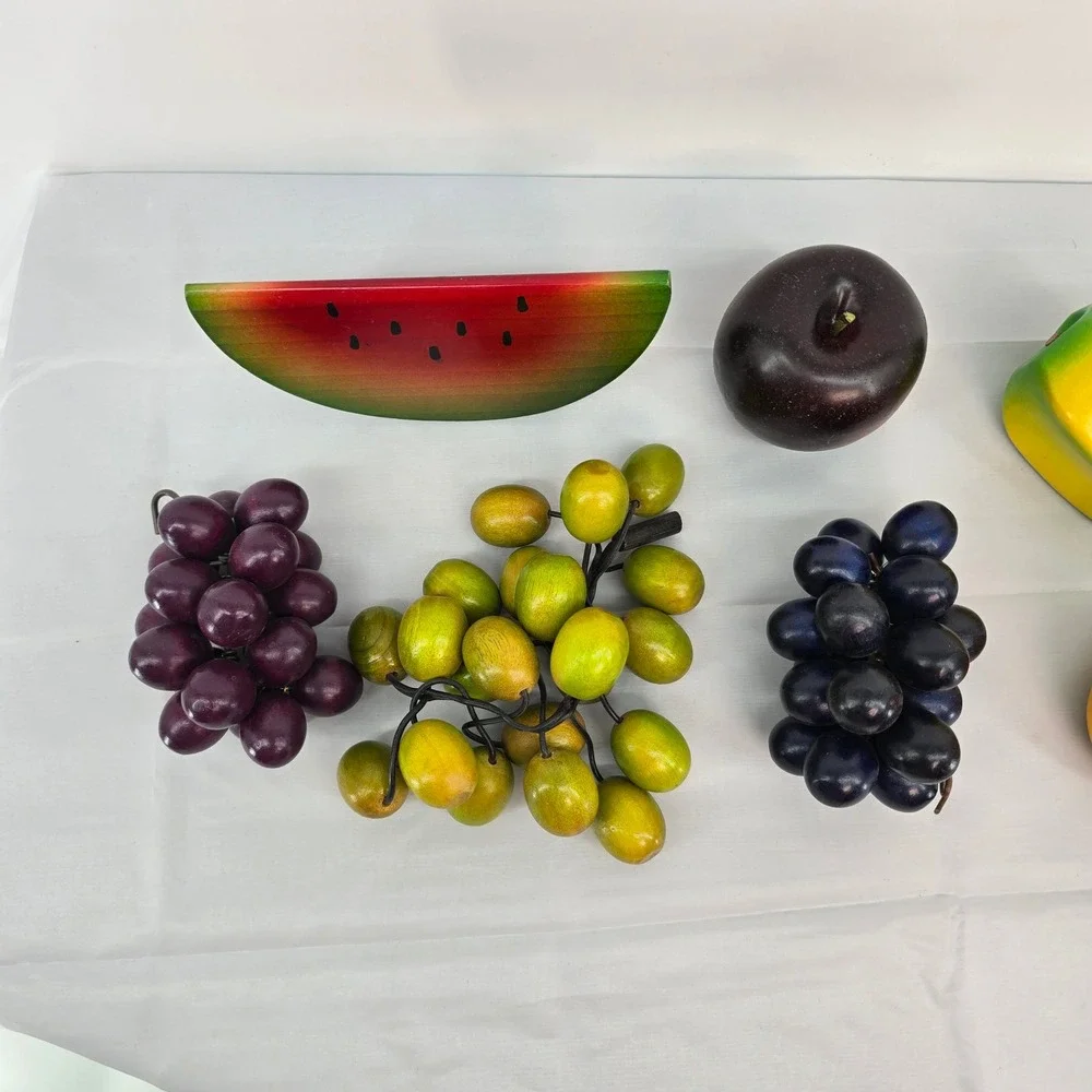 Vintage Hand Painted Wooden Fruit Set 8pc Watermelon Grapes Apple Pear Starfruit
